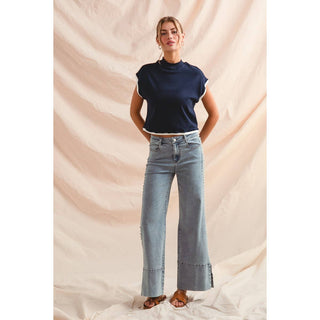 Flare bottom denim jeans with side Pearl details