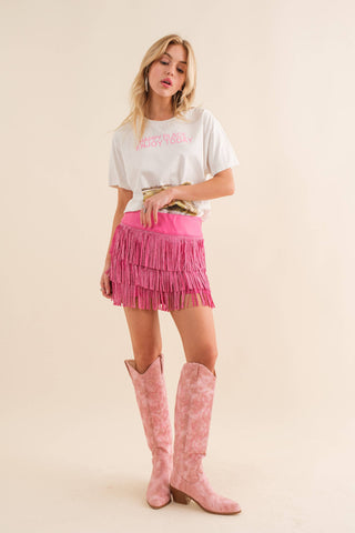 Faux Leather Fringe Pink Shorts