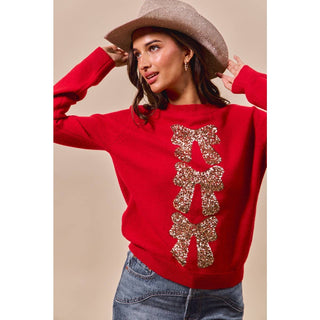 Sequin Ribbon Christmas Sweater Red