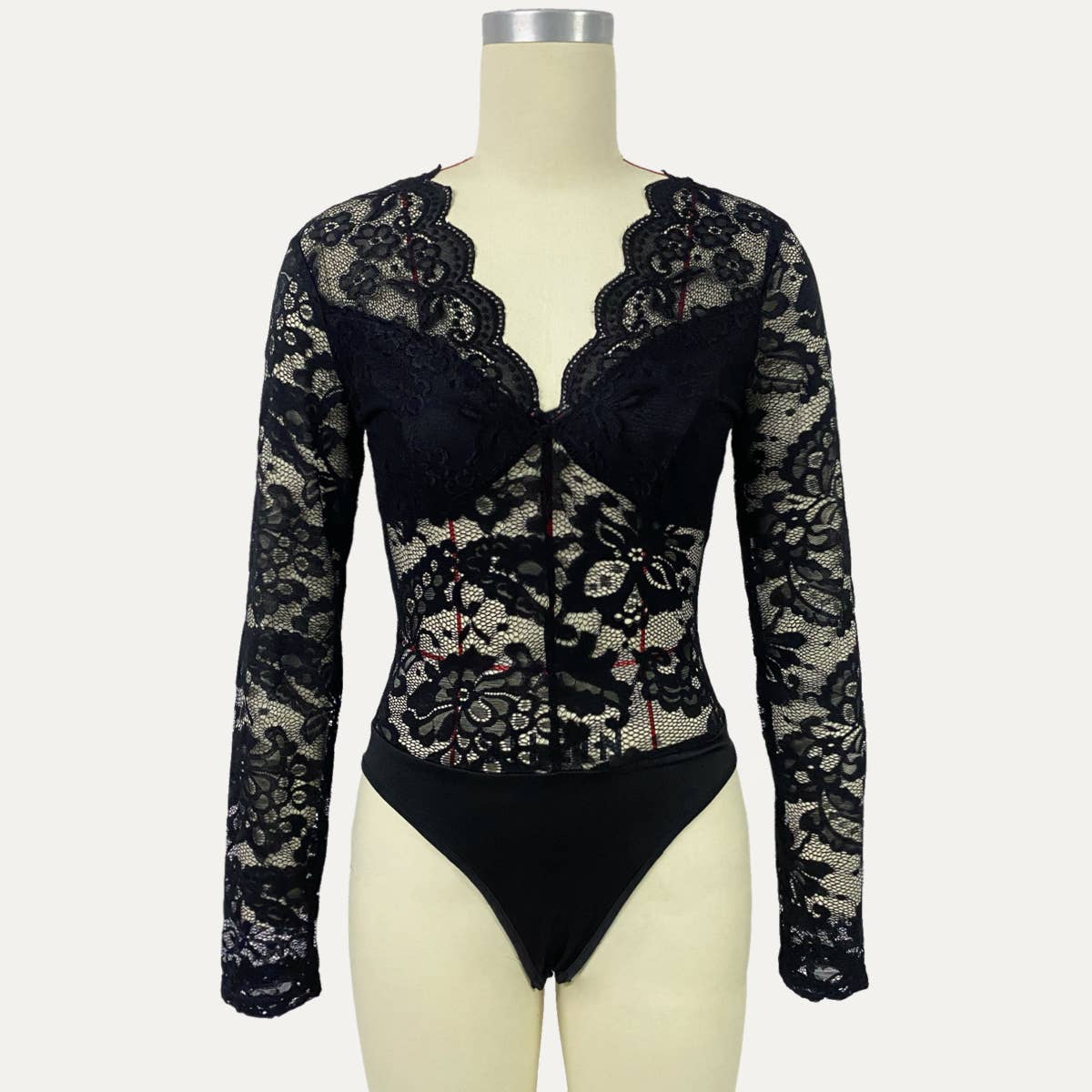 Floral Lace V-Neck Long Sleeve Bodysuit