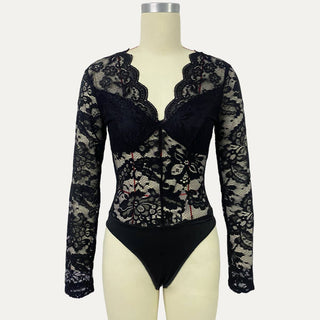 Floral Lace V-Neck Long Sleeve Bodysuit 