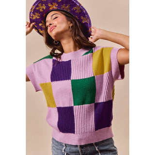 Mardi Gras Check Plaid Casual Sweater Top
