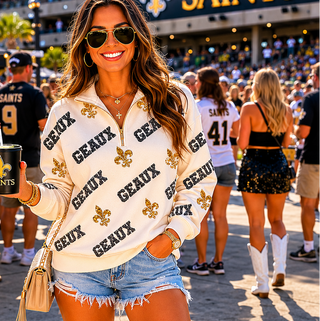 geaux sequin black and gold quarter zip