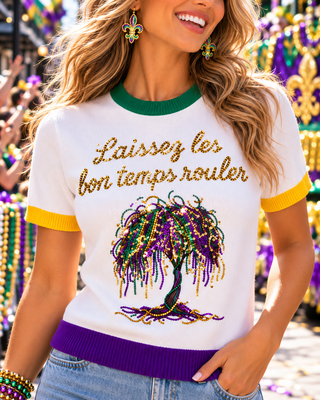 laissez les bon temps rouler bead tree cardio gras sequin sweater top
