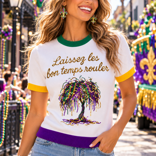 laissez les bon temps rouler bead tree mardi gras sequin sweater top