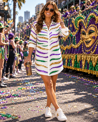 A woman wearing a white mini button-up shirt dress with purple and gold glittery wavy stripes walks during a Mardi Gras parade. She is holding a gold glitter tumbler and wearing white sneakers, with a decorated parade float and colorful beads in the background.