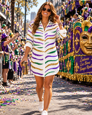 A woman walking down a Mardi Gras parade street wearing a white button-up shirt dress with purple and gold glitter stripes, holding a gold cup.