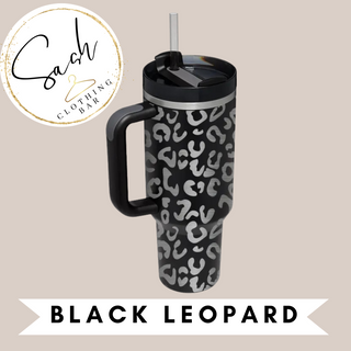 40oz Quencher Style Tumbler with handle Black Leopard 