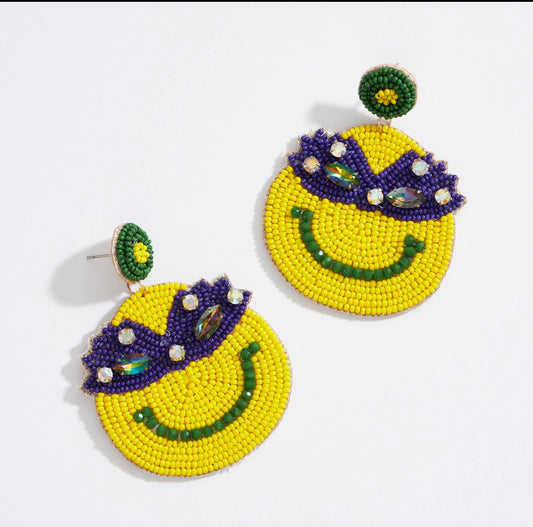 Mardi Gras Smiley face Mask Beaded Earrings